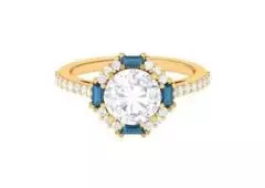 Classic Moissanite Halo Engagement Ring with London Blue Topaz